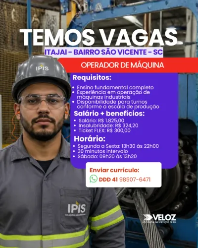 OPERADOR DE MÁQUINA - ITAJAI - Bairro São Vicente