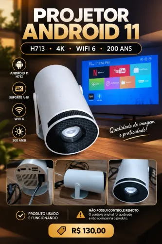 Projetor Android 11 H713 4K Wi-Fi 6 200 ANSI - R$ 130