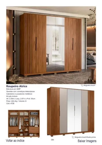 Guarda Roupa Casal 06 portas Atrice c/espelho e pés 
