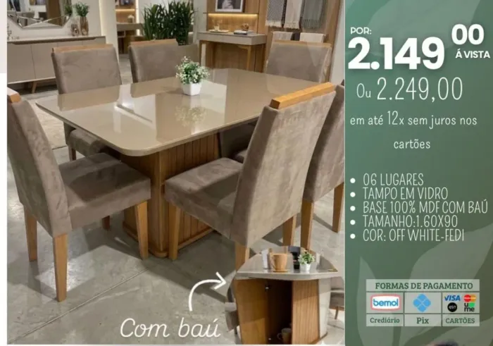 Mesa de 6 lugares 100% MDF tampo de vidro ....