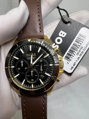 Relógio Boss - Masculino - Couro Marrom - Preto e Dourado - Prem AAA+
