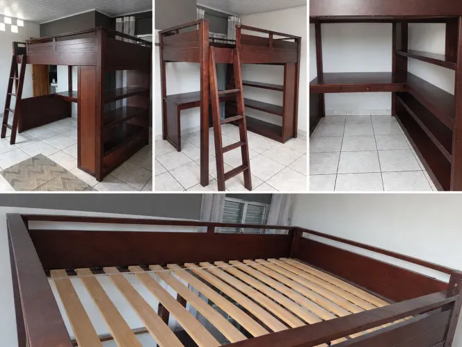 Cama de casal suspensa com escritório em baixo