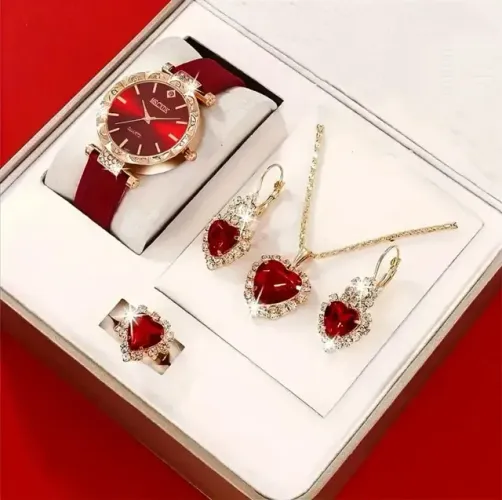 Kit Joias Relógio de Quartzo Cayon Colar Brincos e Anel Luxo Fashion Vermelho Intenso Rubi