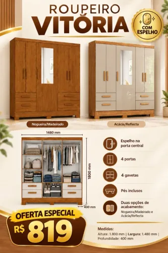 Guarda roupa solteirão com espelho