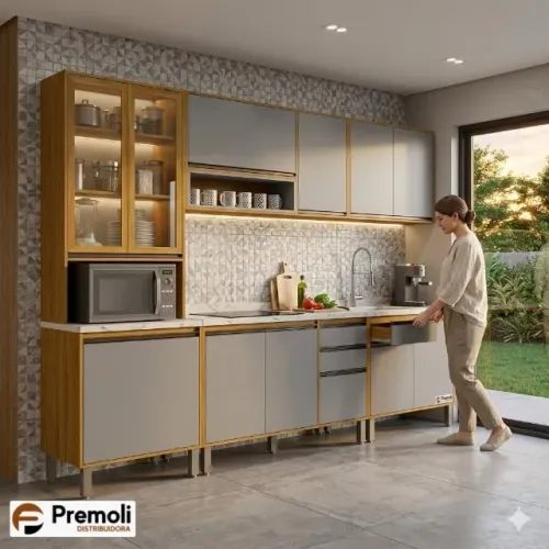 Cozinha Eduarda 5 Peças Cristaleira-C/Led Balção 1.20cm /Balção 80cm / Aéreo1.20cm /Aéreo8
