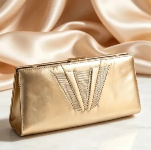 Linda bolsa dourada de mão e ombro para festa.