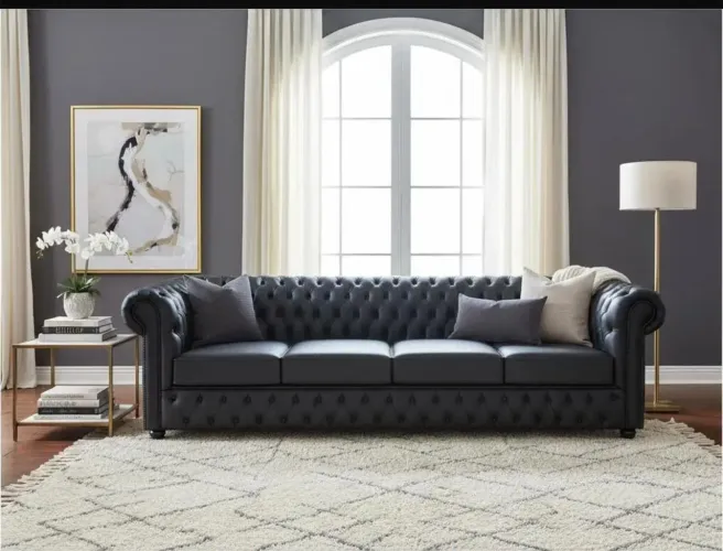 Sofá Chesterfield preto em couro legítimo