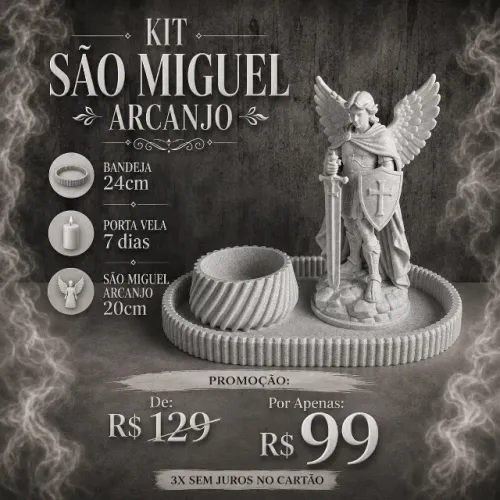 Kit Decoração Oração São Miguel Arcanjo + Bandeja e Porta Vela 7 dias - 3 pçs