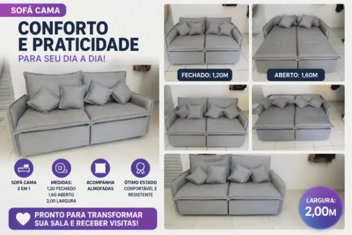Sofá-Cama 2 em 1 - 2 Metros - Excelente Estado