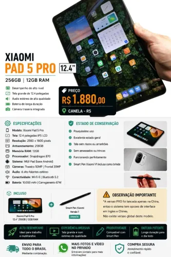 Tablet XIAOMI PAD 5 PRO 12.4" | 256GB | 12GB RAM + Smart Pen Xiaomi (Brinde)