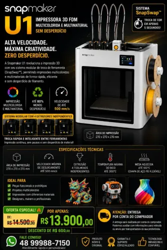 SNAPMAKER U1 - IMPRESSORA 3D MULTICOLORIDA E MULTIMATERIAL