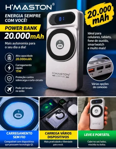 ? POWER BANK H?MASTON 20.000mAh - MAIS ENERGIA PARA VOCÊ!