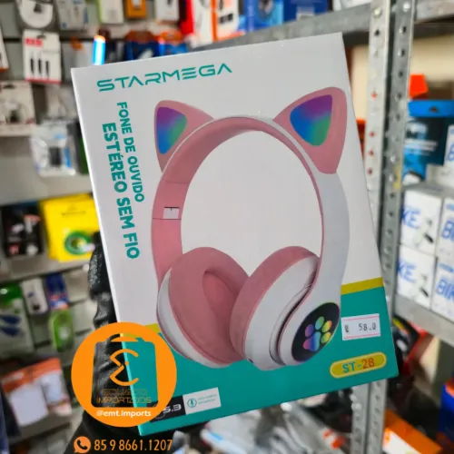 Fone de Ouvido Bluetooth sem fio com RGB COLORIDO Orelhas de Gato ROSA