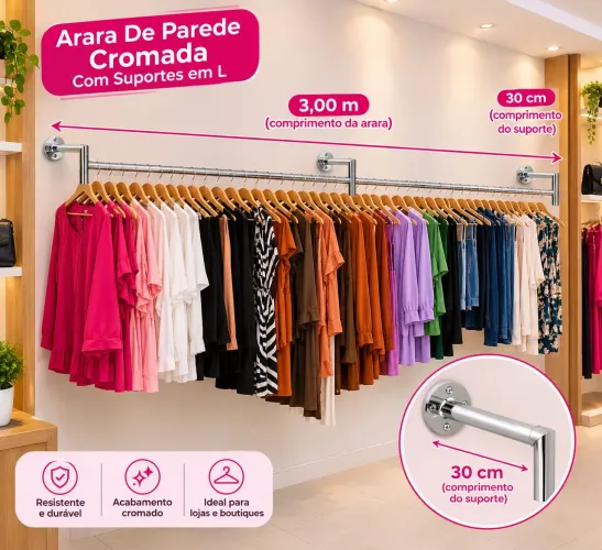 Arara de parede cromada 3m com suportes em L para loja de roupas