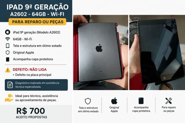 ? iPad 9ª Geração A2602 - Não Liga - Defeito na Placa - Conservado