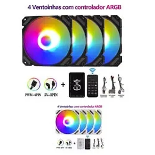 Kit Fan com 4 Unidades Wovibo ARGB 120mm + Controladora + Controle, 12x 15,13