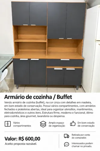 Armário de cozinha / buffet grande - cinza com madeira
