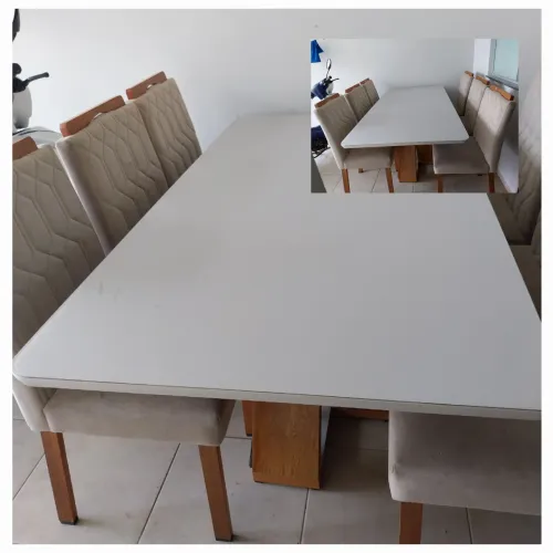 Mesa de jantar vidro com 6 cadeiras, pés de madeira