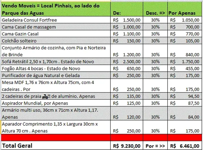 Sofas Retrail, Cama, Guarda Roupas, Armario de Cozinha, Geladeira, Mesa de Jantar e Utensí