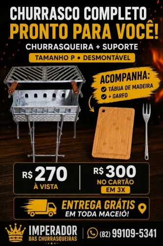 Churrasqueira Pequena Desmontável com Suporte de Alumínio com tábua de carne com Garfo 