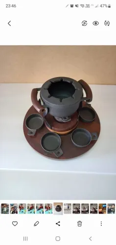 Aparelho de fondue giratório vintage ferro fundido e madeira nobre