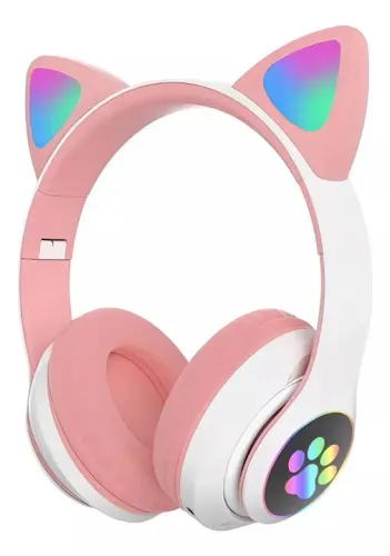 Fone de Ouvido Gatinho Bluetooth Rosa com Luz LED