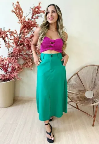 Saia midi verde em linho