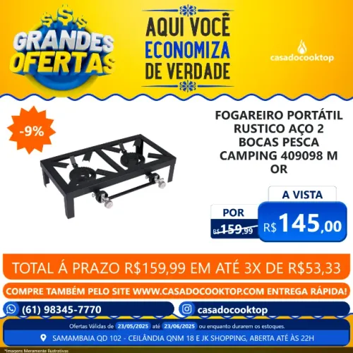 FOGAREIRO PORTÁTIL RUSTICO AÇO 2 BOCAS PESCA CAMPING 409098 MOR