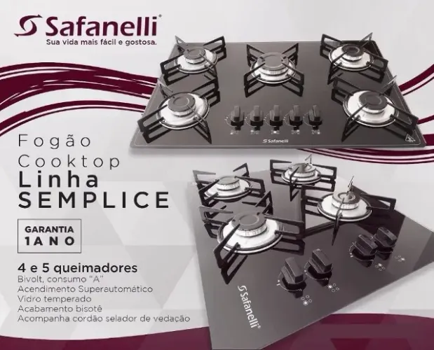Fogão Cooktop 5 Bocas Safanelli com Acendimento Superautomático Fazemos Entrega