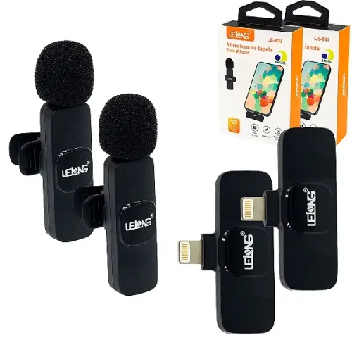 Kit Duplo Microfone Lapela Sem Fio iPhone Lightning com 2 Lapelas + 2 Receptores - Lelong