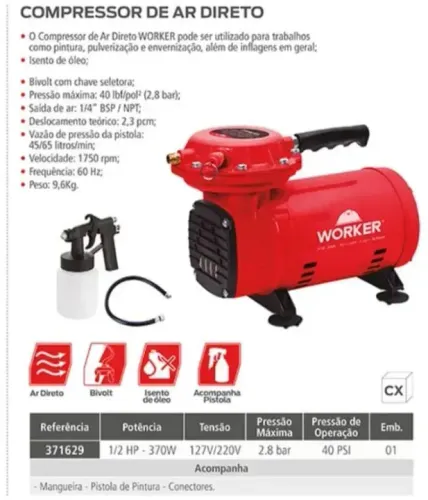 Compressor Ar Direto Tufão Bivolt Kit Pintura Worker Pistola