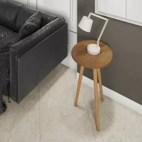 MESA DE APOIO REDONDA 100% MDF - PÉS EM MADEIRA MACIÇA 