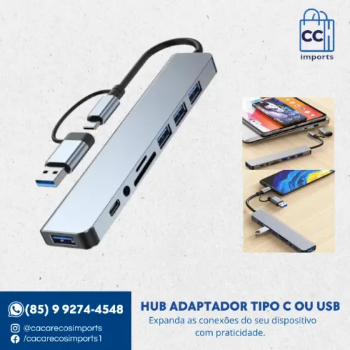 Hub Adaptador tipo c-usb 8 em 2 - USB 3.0-1,3-2.0, TF/SD, AUDIO 3.5mm E TIPO C.