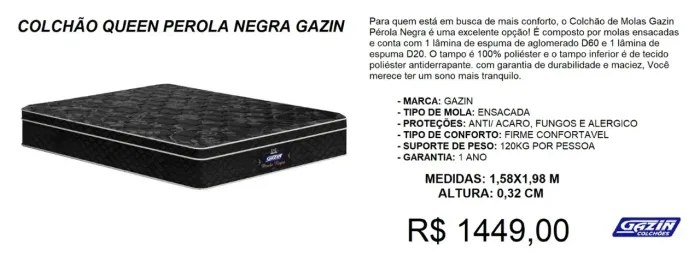 COLCHÃO QUEEN GAZIN MOLAS ENSACADAS A PRONTA-ENTREGA