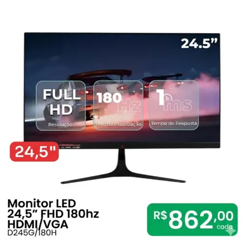 Monitor Gamer LED 24.5" FHD 180Hz 1ms - Resposta Rápida - Frete Grátis