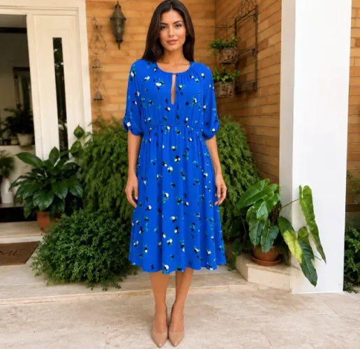 H&M | Vestido Midi Azul Estampado Soltinho