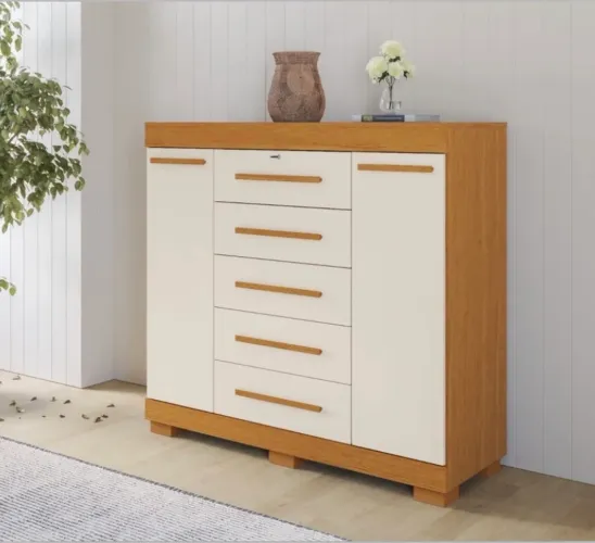 Cômoda Diana ACP 100% MDF, 05 Gavetas e 02 Portas com sapateira - Entrega Imediata;