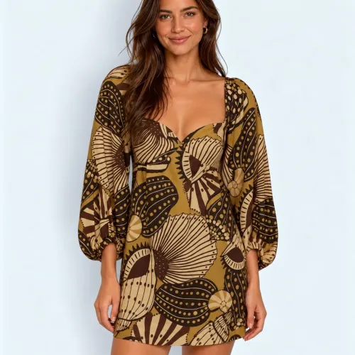 FARM novo P. Vestido curto mistura de caju amarelo sisal