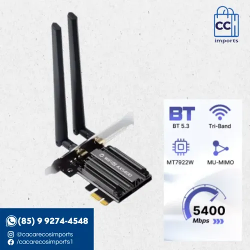 Placa de rede PCIe Fenvi MT7922 com Wi-Fi 6E Tri-Banda (2.4G-5G... | Novo | Pronta Entrega