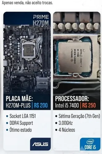 Kit upgrade computador Processador Intel core I5 7400 + Placa mãe ASUS Prime H270M-Plus