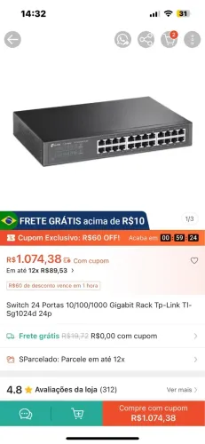 Switch 24 Portas Gigabit 10/100/1000 Mbps TP-Link TL-SG1024D