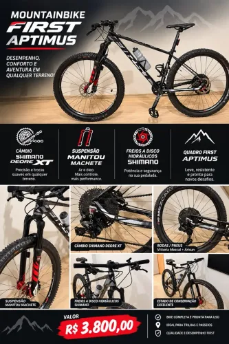 Montainbike First Aptimus com suspensão Manitou Machete e sistemas Shimano
