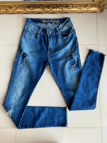 Calça grife West Girls jeans escuro skinny cintura alta feminina country cowgirl destroyed