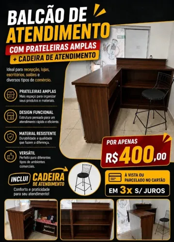  Balcão de Atendimento com Prateleiras + Cadeira de atendimento