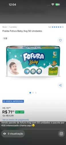 Vendo pacote de fralda fofura XXG com 50 unidades 35$