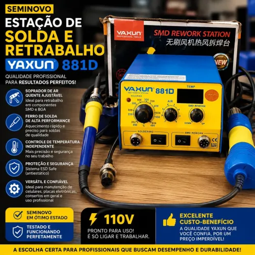 ESTAÇÃO DE SOLDA E RETRABALHO YAXUN 881D - SEMINOVA - 110V