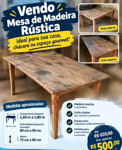 Mesa Usada de Madeira Rústica Maciça 6 Lugares - Grande e Resistente | R$ 500
