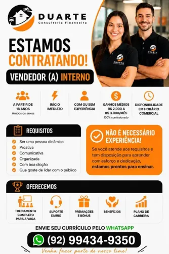 Vaga para Vendedor(a) Interno(a) | Com ou Sem Experiência | Início Imediato