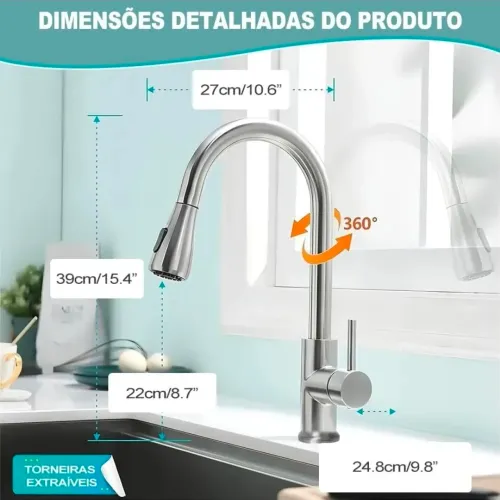 NA CAIXA SEM USO Torneira gourmet aço escovado com mangueira extensora