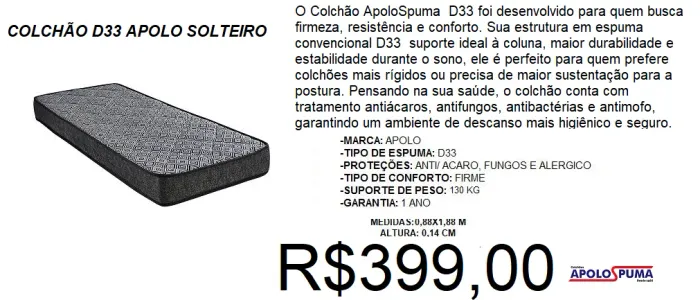 Colchão - D33 - Apolo - compre hoje e receba em até 72 horas 